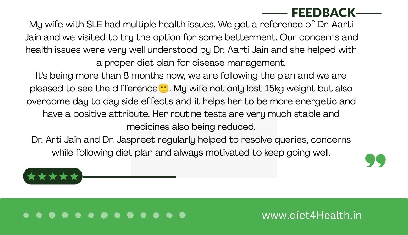 health issues were very well understood by Dr. Aarti Jain and she helped with a proper diet plan for disease management.